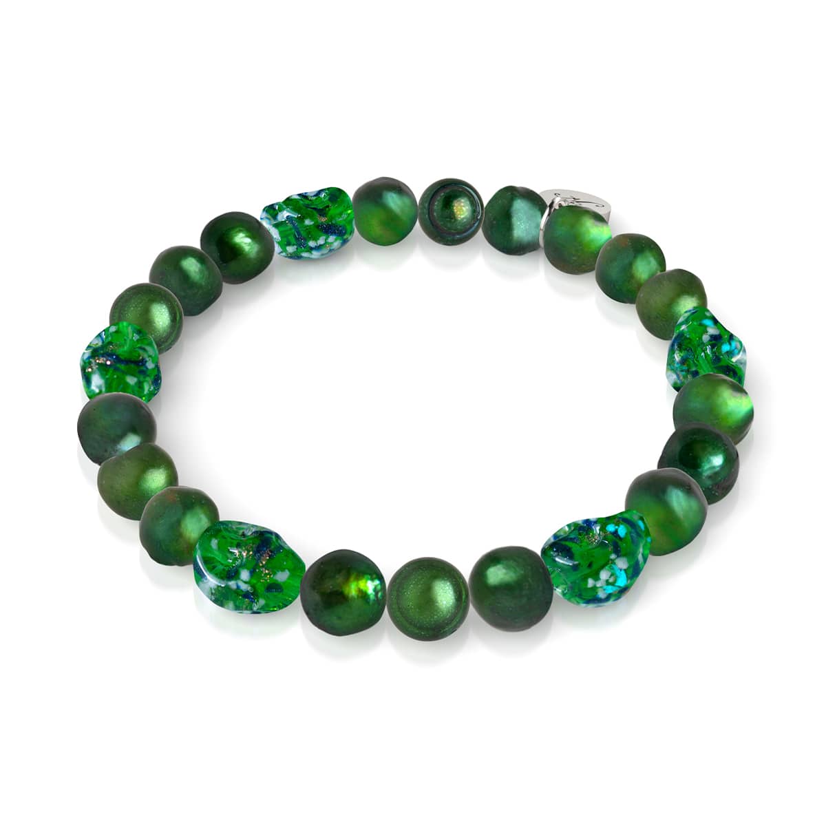Emerald Crown | .925 Sterling Silver | Green Freshwater Pearl x Firefly Glass Skull Bracelet